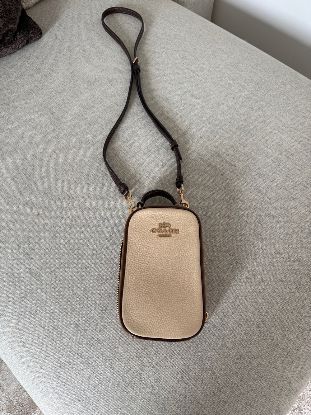 Coach Pebbled Leather Crossbody Phone Pouch in Beige with Dark Brown Trim